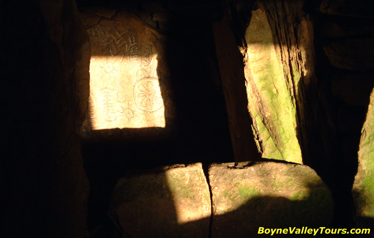 Equinox sunbeam illuminates the chamber of Loughcrew Cairn T.